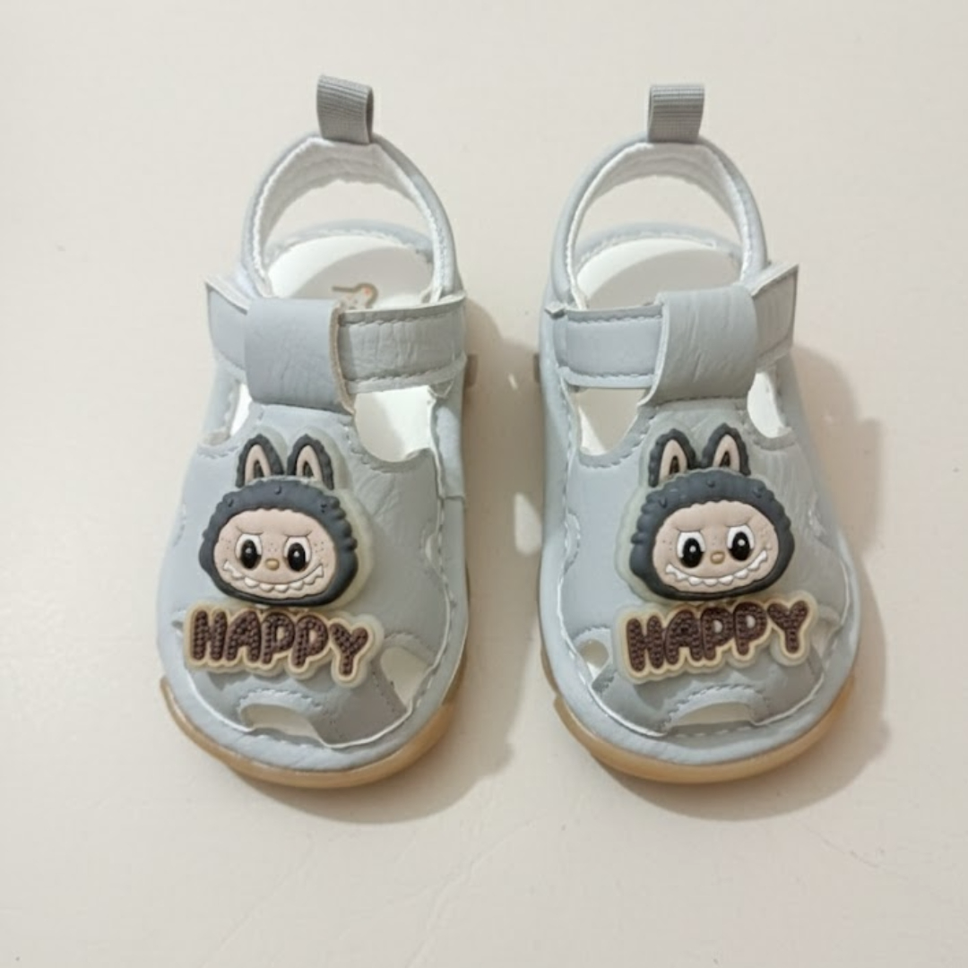 Grey “HAPPY” Cartoon Baby Sandals with Light